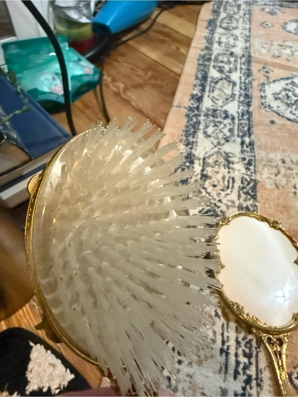 Vintage Hollywood regency ornate Gold Hand Mirror and Brush Set